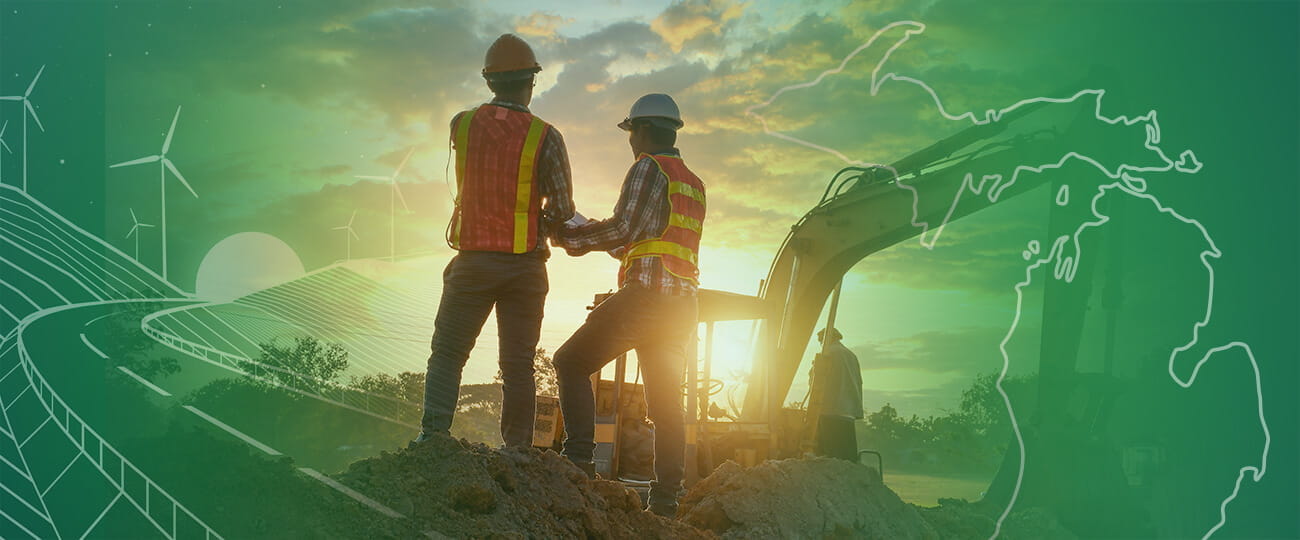 Two construction workers wearing orange vests and hard hats standing on a dirt pile to survey a work site during twilight hours with a backhoe in the background. The image is framed with infrastructure line drawings.