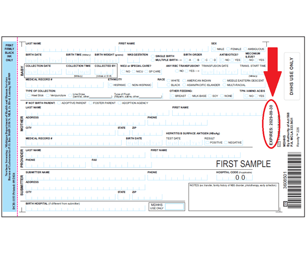 image of newborn screening card with expiration date of October 31, 2026