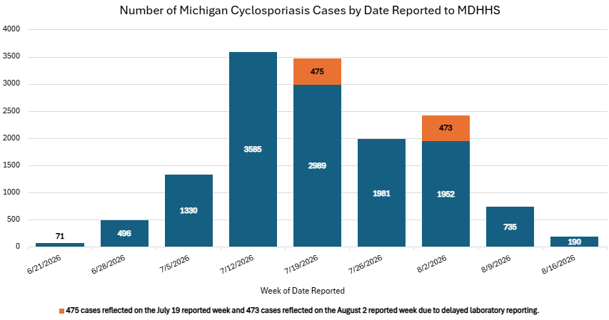 This graph shows the cyclosporiasis cases reported to MDHHS from June 22, 2026, through 9:30 a.m. August 20, 2026. Noting July 19 and August 2 inflated cases.