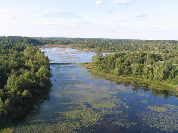 birds eye view of Chilson Pond surrounded by trees