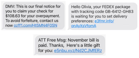 Three Phishing Scam text examples, first left side text from DMV, second right side text from FedEx, and third bottom text from ATT.