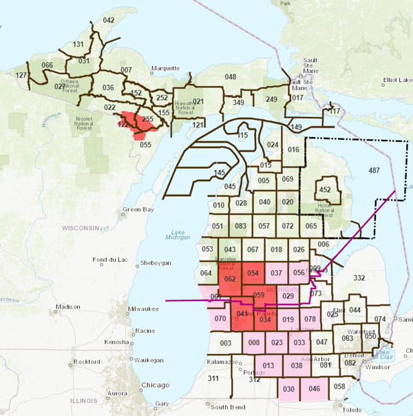 Complex map showing deer management unit boundaries. For assistance call 517-284-9453 or see the Wildlife Conservation Order at www.Michigian.gov/dnrlaws for a written description.