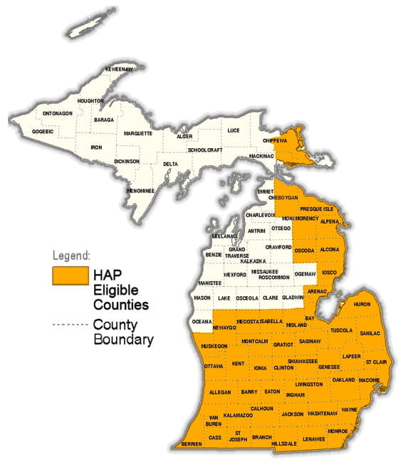 Map showing the HAP-eligible areas of Michigan