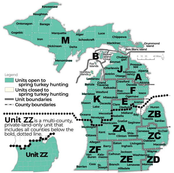 Complex map of the state of Michigan displaying spring turkey management units. For a written description of boundaries, please see the wildlife conservation order at Michigan.gov/dnrlaws