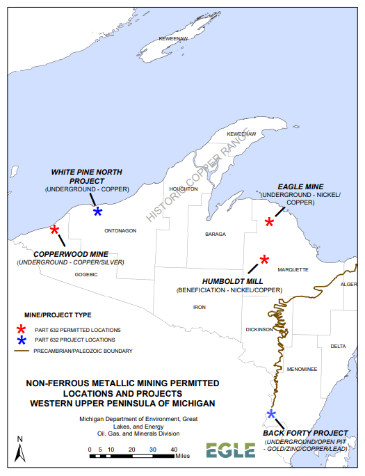 A map of the nonferrous metallic 5 mining sites in Michigan's western upper peninsula