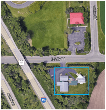 Aerial view of MSU's HWSF outlined in blue