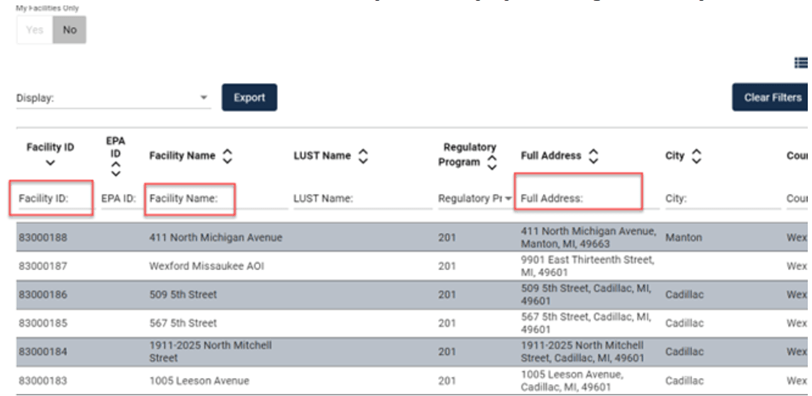 Screen capture of the RIDE database showing where to enter terms to search by facility ID, Facility Name, or Full Address.