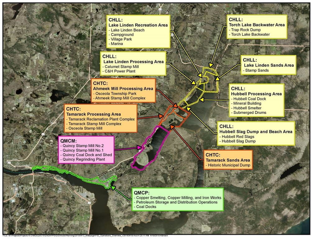 The CHLL, CHTC, and QMCM areas that are currently being evaluated and their respective former industrial sites are summarized.