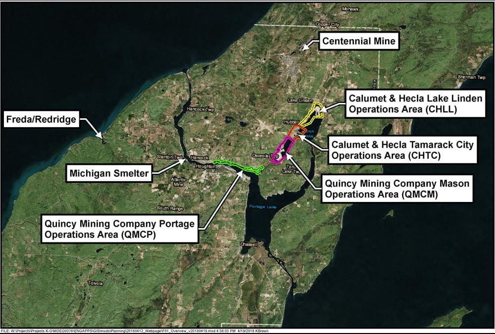 six areas, in priority order, are known as: Calumet & Hecla Lake Linden Operations Area (CHLL), C&H Tamarack City Operations Area (CHTC), Quincy Mining Company Mason Operations Area (QMCM), Centennial Mine, Michigan Smelter and Freda/Redridge.