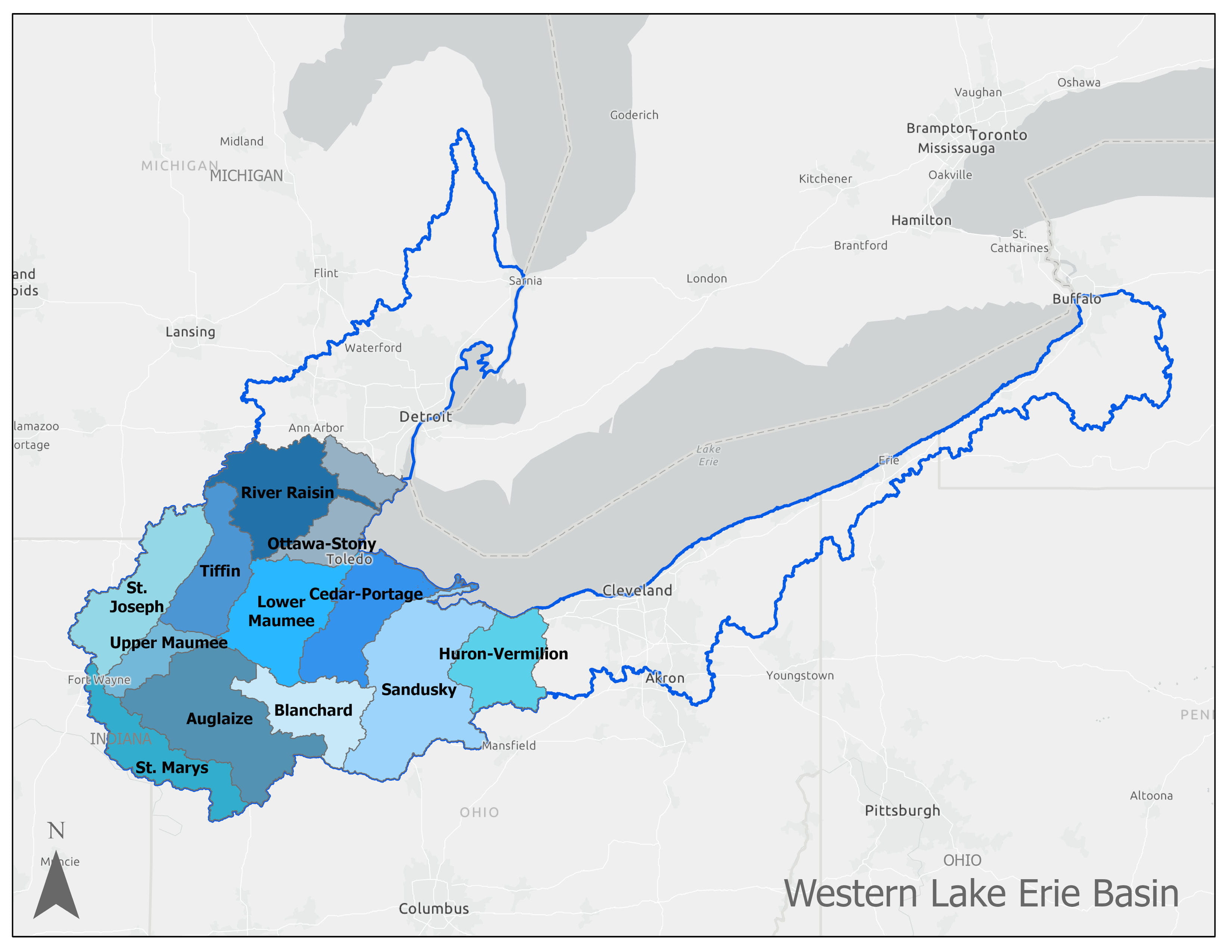 A map showing the WLEB watersheds in Michigan, Ohio, and Indiana. The watersheds are named after the major bodies of water that flow into Lake Erie. Michigan’s watersheds cover the River Raisin, and the upper portions of the Ottawa-Stony, Tiffin (called Bean Creek in Michigan), and the St. Joseph River.