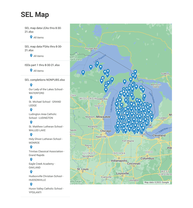 map of Michigan with blue dots indicating course complitors