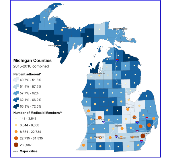 Michigan map showing Medicaid members and high blood pressure medication adherence rates by county, 2015-2016 combined