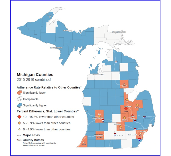 Michigan map showing relative differences, by county, in high blood pressure medication adherence rates among Medicaid members