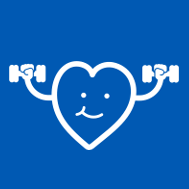 White-outlined, smiling heart lifting weights against blue background