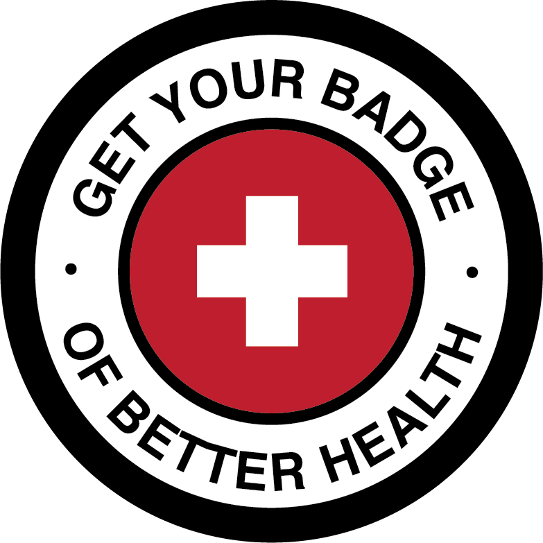 Circular badge featuring a health symbol (white cross on red background) and text reading get your badge of better health.