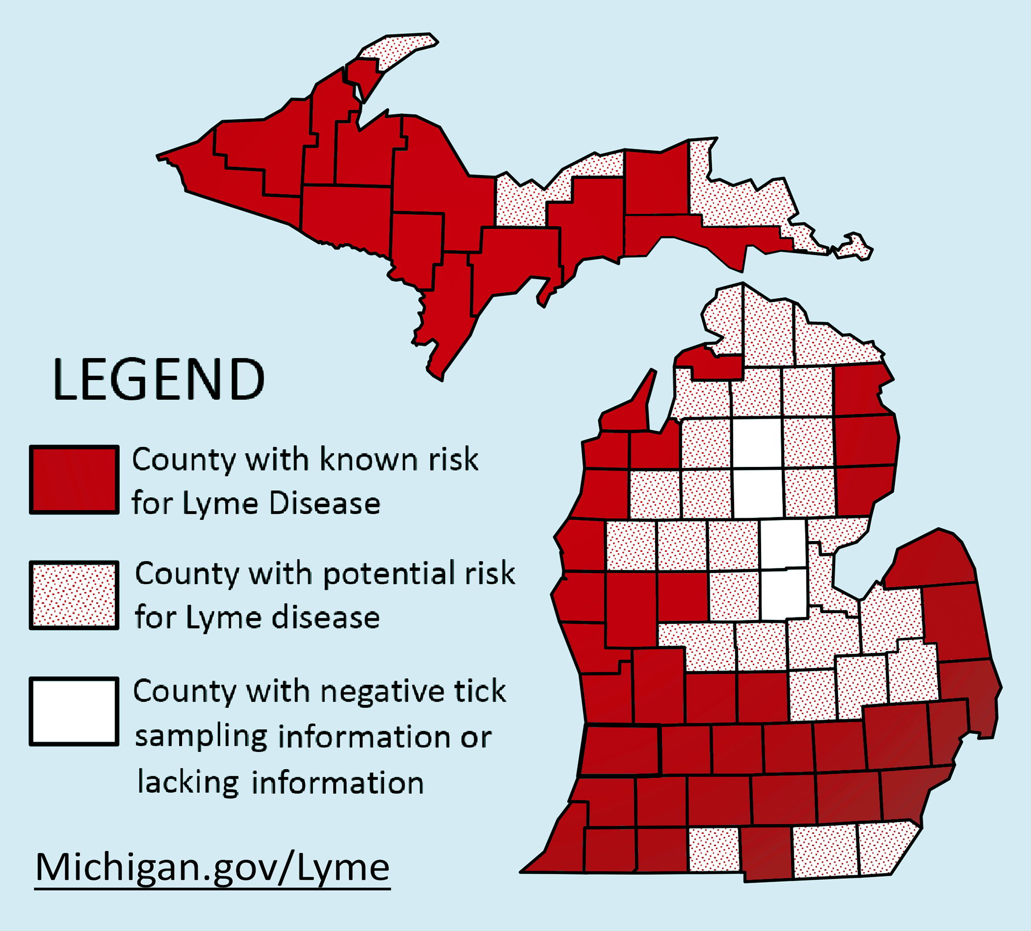 Map of Michigan showing the risk of Lyme disease by county.