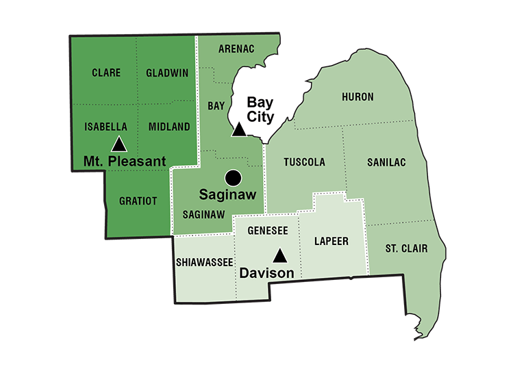 Bay Region breakout map with labels for the counties, TSCs and region office.