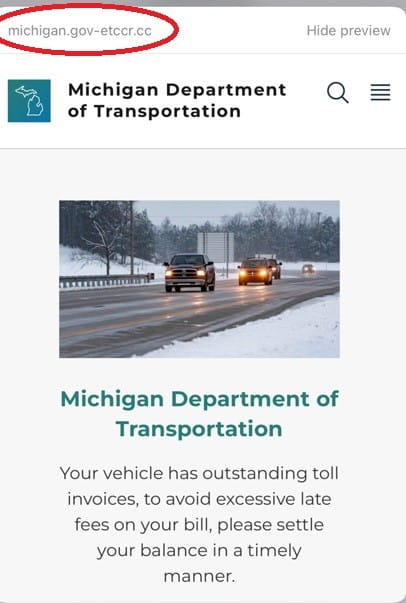 Screenshot of a false MDOT website with a red circle around the URL michigan.gov-etccr.cc.