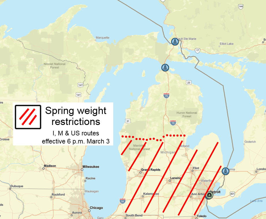 Spring weight restrictions map for March 3, 2025.