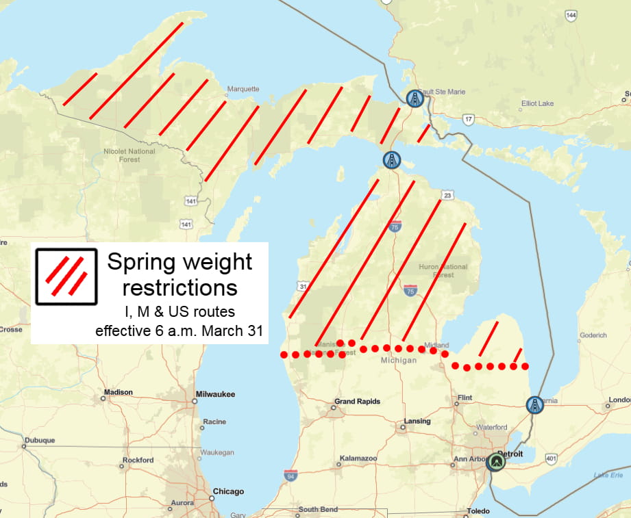 Spring weight restrictions map for March 31, 2025.