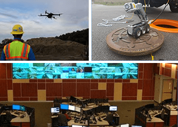 Collage of three pictures featuring unmanned aerial vehicles, robotic inspections, and monitors viewing highway traffic. 