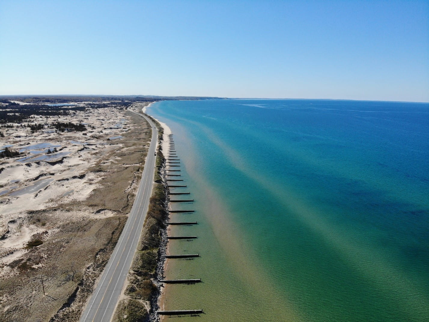 Stretch of M-116 in Ludington State Park at risk from erosion due to high Great Lakes water levels.