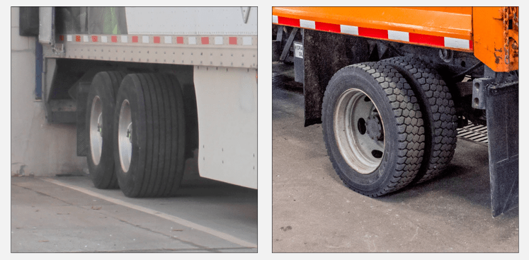 Two side-by-side images compare the size of wide base tires versus traditional tires.