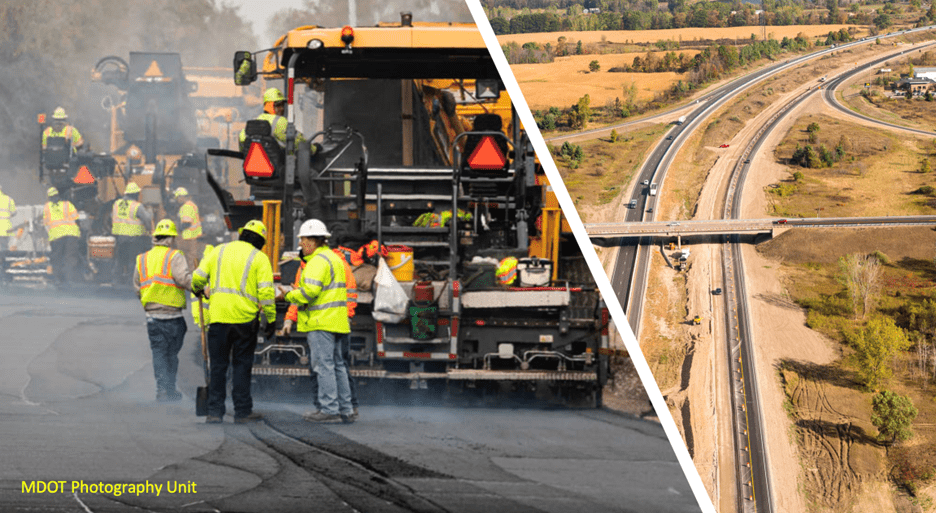 Side-by-side images of workers constructing an asphalt road and a bird’s-eye view of the project.