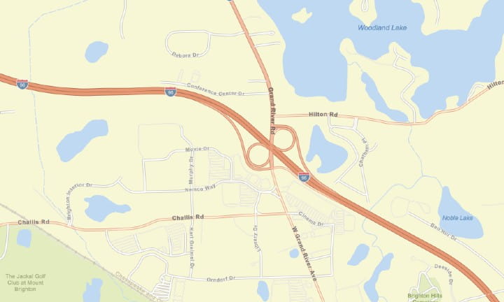 Map showing the construction area of the I-96/Grand River Avenue interchange project in Livingston County.