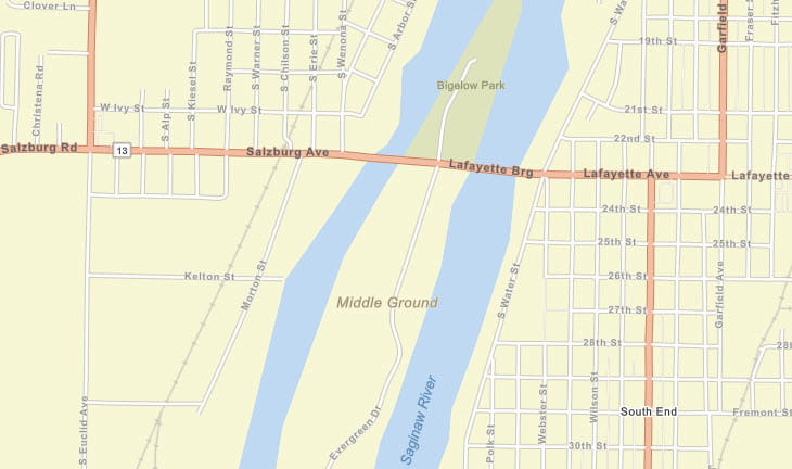 Map showing the location of the M-13/M-18 (Lafayette Street) bascule bridge in Bay City, Bay County.