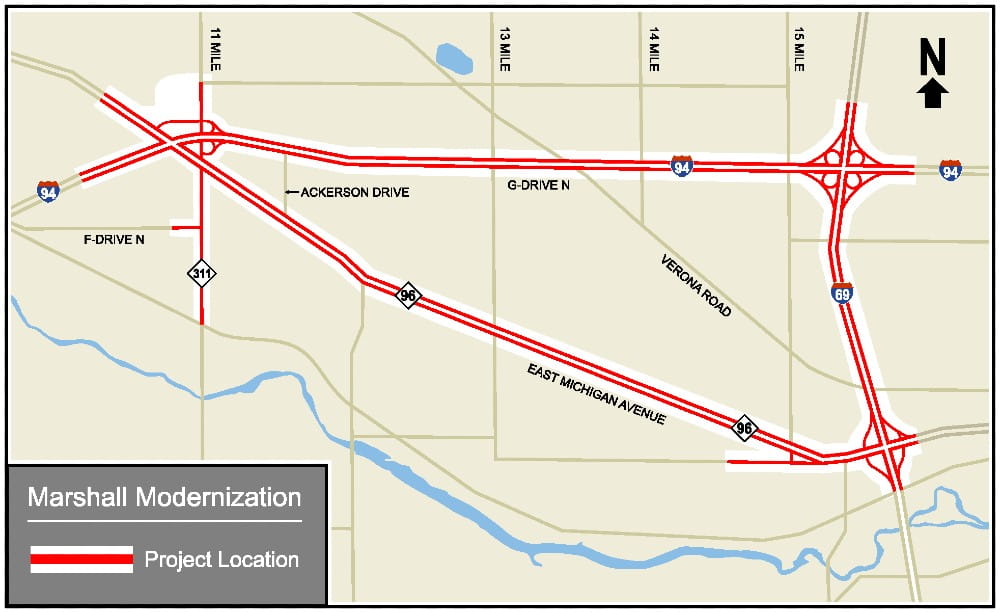 Map of I-94, I-69 and M-96 project boundaries.