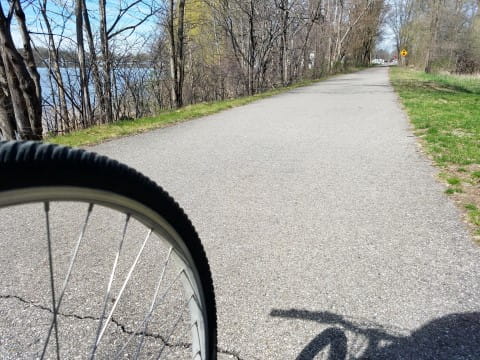A front bicycle tire on a paved trail, with trees and a lake to the left