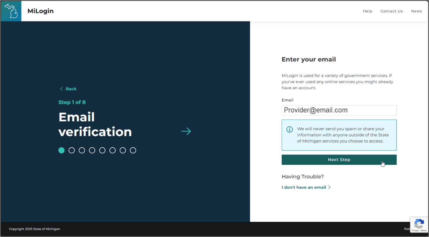 Image of the email verification prompt for MiLogin