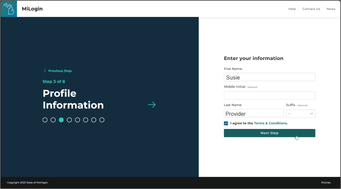 Image of the profile information prompt in MiLogin