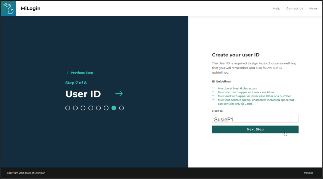 Image of the User ID (create) prompt in MiLogin