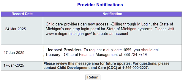 Figure 11. Image of I-Billing Provider Notifications through MiLogin