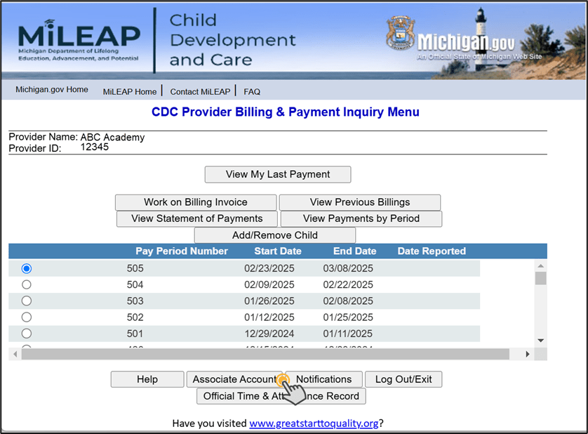 Figure 13. Image of I-Billing Main Menu - Associate Account
