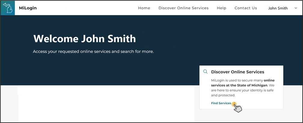 Figure 2. Image of MiLogin welcome homepage after logging in