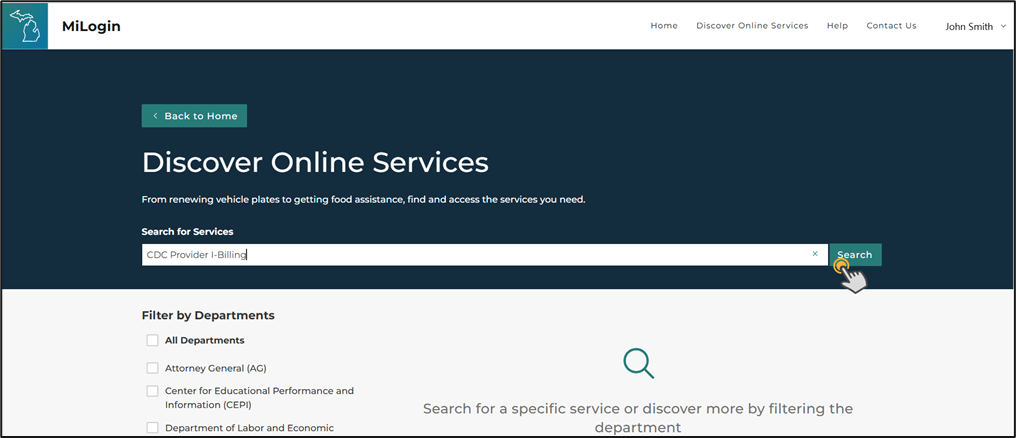 Figure 3. Image of MiLogin Discover Online Services to add a State of Michigan system