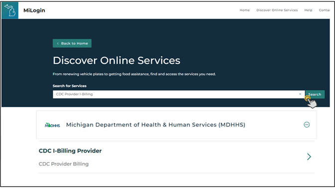 Figure 4. Image of MiLogin Discover Online Services with CDC I-Billing Provider as an option