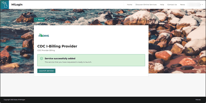 Figure 6. Image of CDC I-Billing Provider successfully added to MiLogin