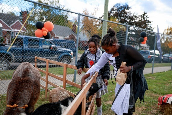 Two girls smiling while reaching over a fence to pet a friendly goat at a Lights On Afterschool event