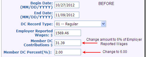 Screenshot: Detail 4 record for adjustment - member contributions before adjusting dollar amount