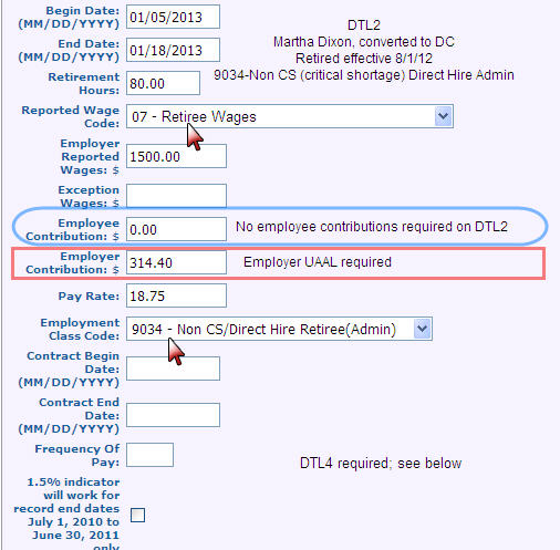Screenshot: DTL2 record for qualified participant retiree directly hired as School