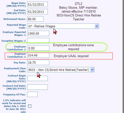 Screenshot: Detail 2 record for Basic or MIP plan retiree directly hired as a subs