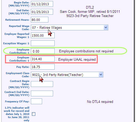 Screenshot: Detail 2 record for a retiree hired indirectly as a substitute teacher