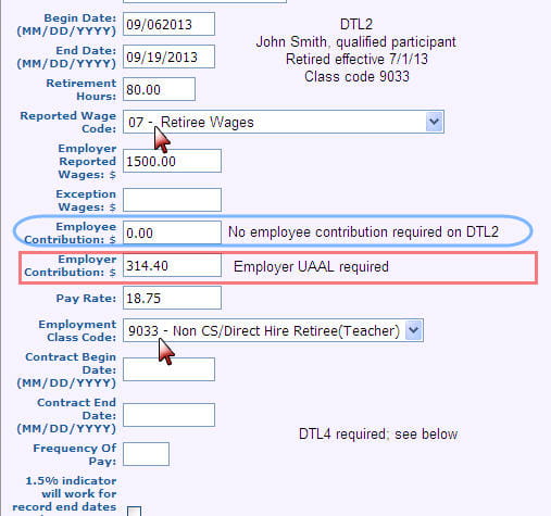 Screenshot: Detail 2 record for qualified participant retiree directly hired as a