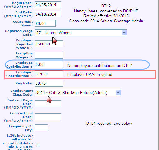 Screenshot: Detail 2 record for qualified participant retiree in critical shortage