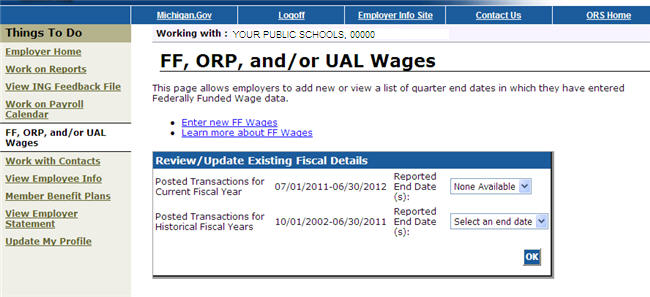 Screenshot of the FF, ORP and or UAL Wages screen