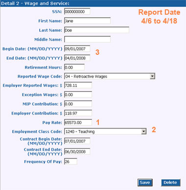 Screenshot of Detail 2 record screen for Retroactive Wages
